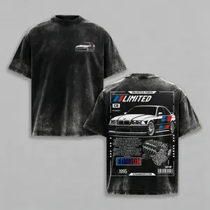Men’s Solid Black Oversized Car Graphic T Shirt Vintage E36 M3 Limited Edition Print Front Mini BMW Car Logo Heavy Cotton Short Sleeve Retro JDM Auto Streetwear Tee For Car Guys Casual Daily Outfits