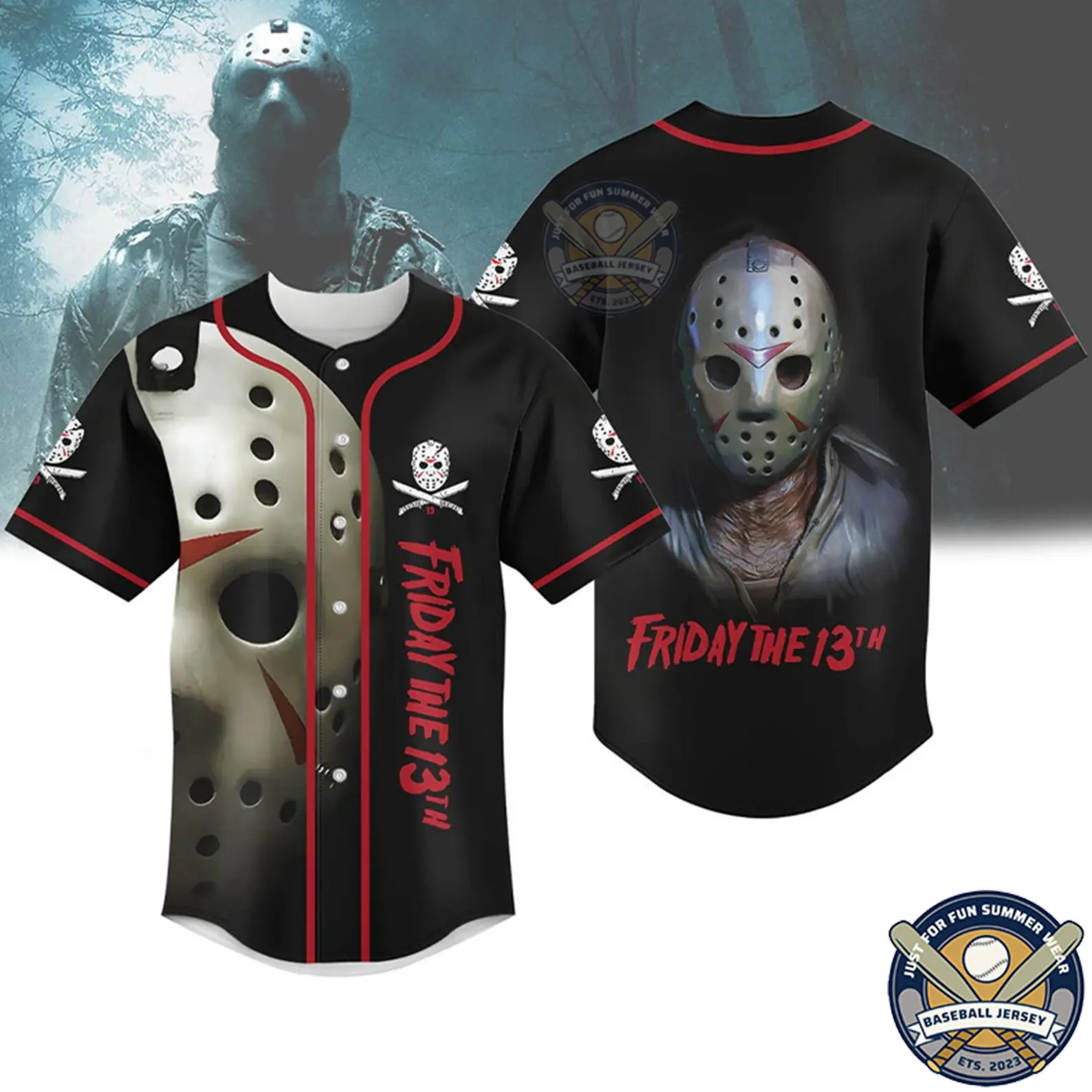 Friday The 13th Baseball Jersey Jason Voorhees Design Custom Name Number Black Red Horror Movie Shirt Lightweight Breathable Short Sleeve Casual Sportswear Top Cool Gift Idea for Men and Women Fans
