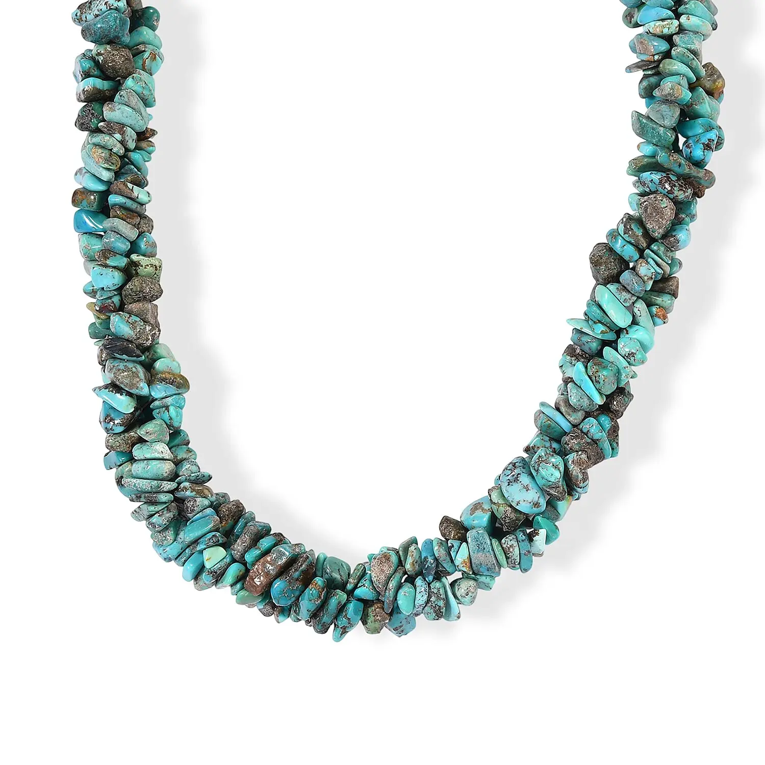 D''Joy Blue Turquoise Chips 355.00 ctw Beaded 3 Row Twisted Necklace (22 Inches) in Rhodium Over Sterling Silver
