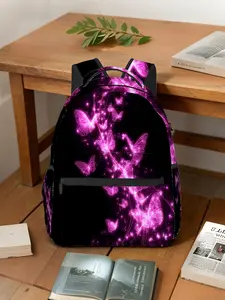 1pc Glowing Pink Butterflies Pattern Backpack - Portable & Durable, Hiking Leisure Bag, Stylish Multi-Layer, Suitable for Beach, Business Trips, Shopping, Street Shooting, Party, Yoga, Unisex