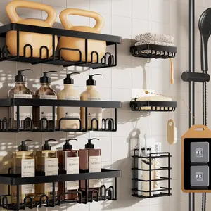 Stainless Steel Shower Caddy 6-Pack, No Drilling & Rustproof, Waterproof Adhesive Shelves Rack with Soap Holder, Large Capacity Bathroom Organizers and Storage, Wall-Mounted Kitchen & Home Decor