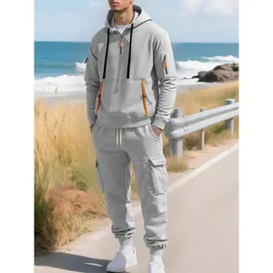 Men's sports two-piece set with fleece hoodie and fleece multi-pocket drawstring pants, autumn and winter thickened warm fashion sportswear practical set, daily warm wear set, men's warm sports set, Streetwear Tracksuit Set
