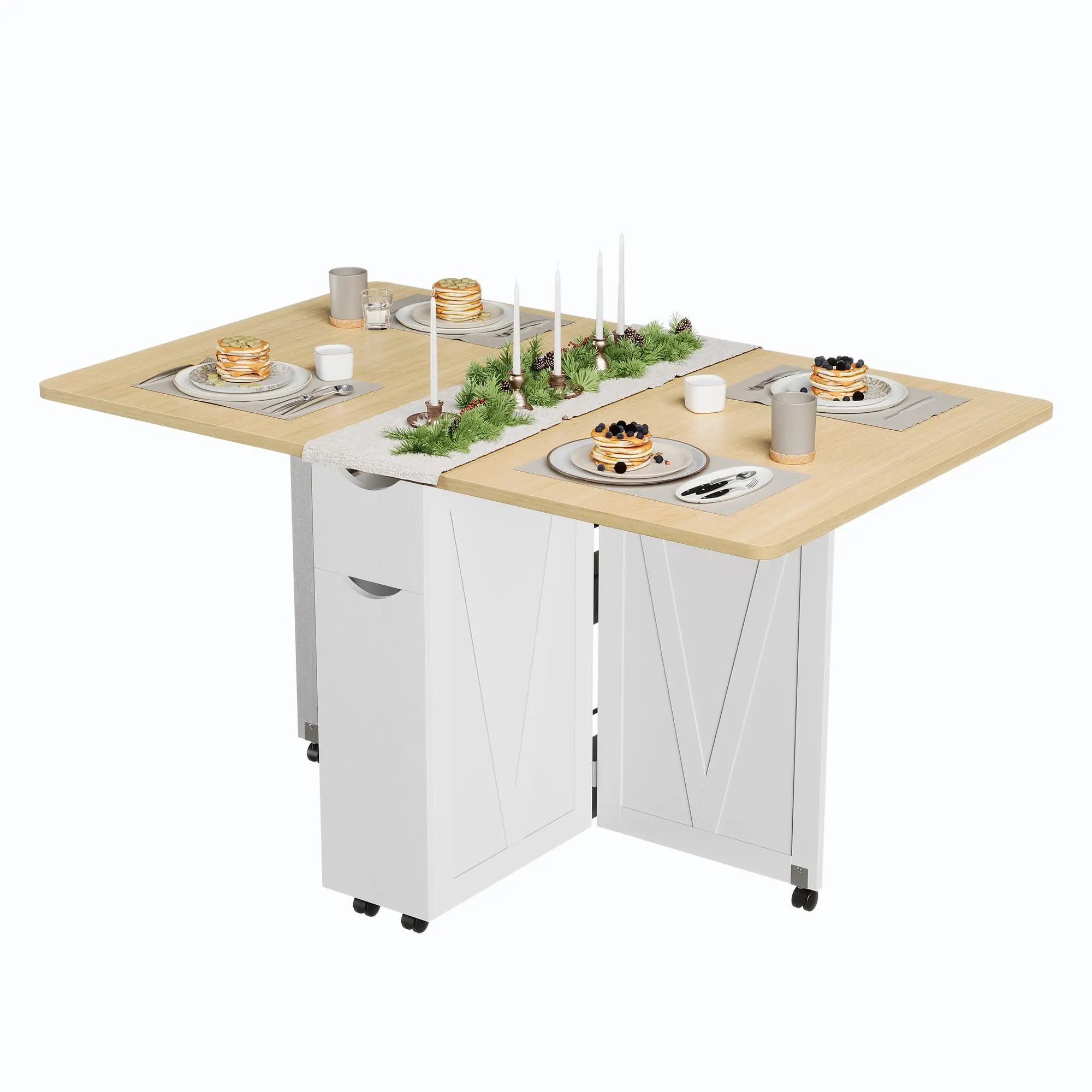Folding Dining Table, Modern Extendable Restaurant & Kitchen Table with Drop Leaf, Drawer and Storage Shelf, 6 Wheels for Easy Mobility,Space Saving Design for Small Spaces, Apartments,White