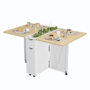 Folding Dining Table, Modern Extendable Restaurant & Kitchen Table with Drop Leaf, Drawer and Storage Shelf, 6 Wheels for Easy Mobility,Space Saving Design for Small Spaces, Apartments,White