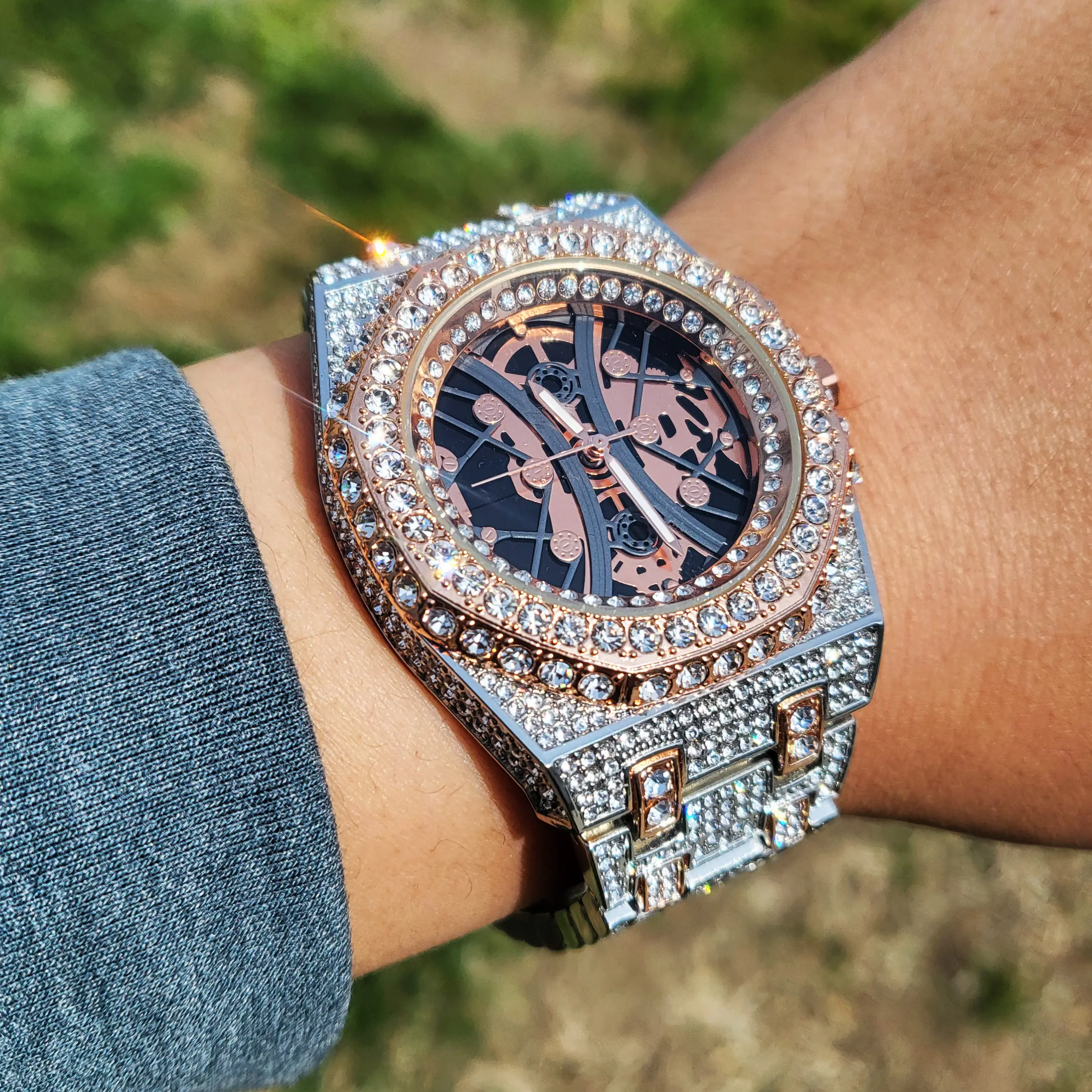 MaxBling81 Men's 43mm Iced Out Wristwatch, Crystal Encrusted Octagon Skeleton Face and 8.5-inch Alloy Band, Analog Quartz Movement, Casual Trendy Wristwatch, 8.5-Inch Band, Alloy Metal, Octagon Dial, Boxed Packaging Quartz Watches, Crystal Encrusted Quart
