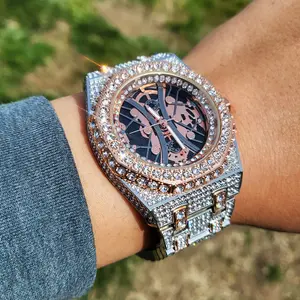 Men's Skelecton Dial Watch Luxury Iced Out Watch with Fully Iced Band - Quartz Movement, Octagon Bezel, Arabic Dial - Diamond-Encrusted Timepiece
