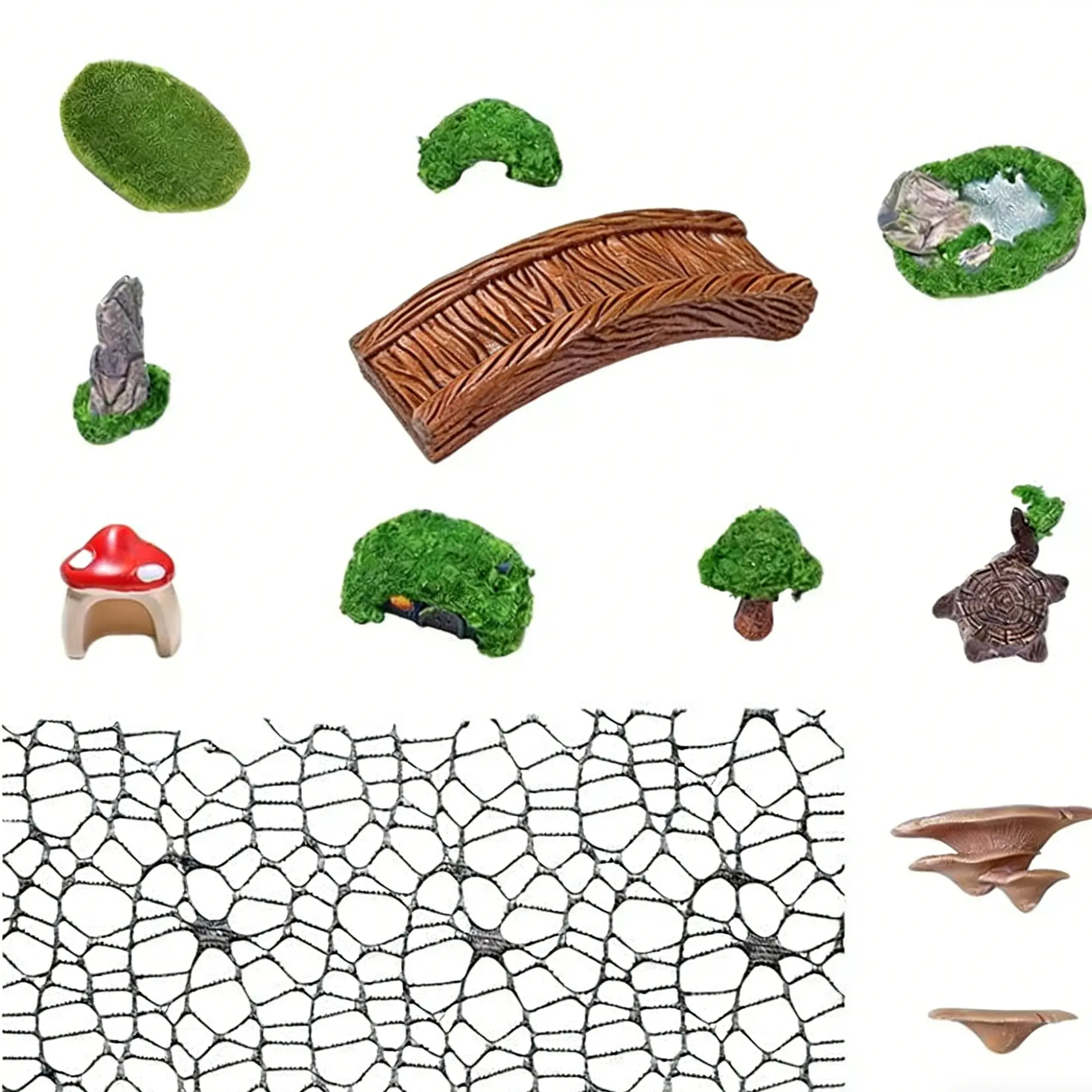 Jumping Spider Habitat Decoration Kit, Small Animal Reptile Tank Supplies Set with Detachable Hideouts, Bridge, Mini Pond, Moss, Large Climbing Web, Shell, Rope, Tree, Tortoise Shell, Realistic Mushroom Ornaments for Natural Look, Reptile Tank Accessories