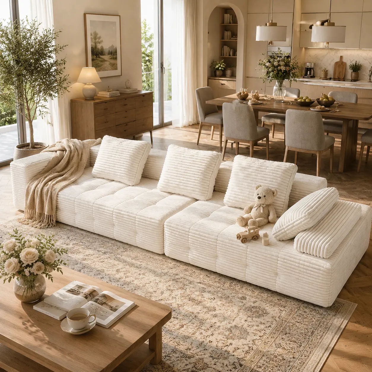【Summer vibes】Corduroy Cloud Sleep Boneless Sectional Couch, Oversized Deep Seat Low-Profile Block Sofa, Minimalist Farmhouse Ergonomic Lounge Piece, Sleep-Friendly Tool-Free Setup Adjustable Arms Living Room Furniture (Ships in 2 Boxes)