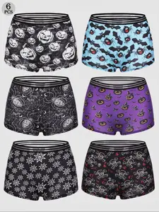 Women's Halloween Themed Print Contrast Binding Boyshorts, Breathable Comfy Sports Panty for Daily Wear, Women's Underwear for All Seasons, Casual Breathable Knicker