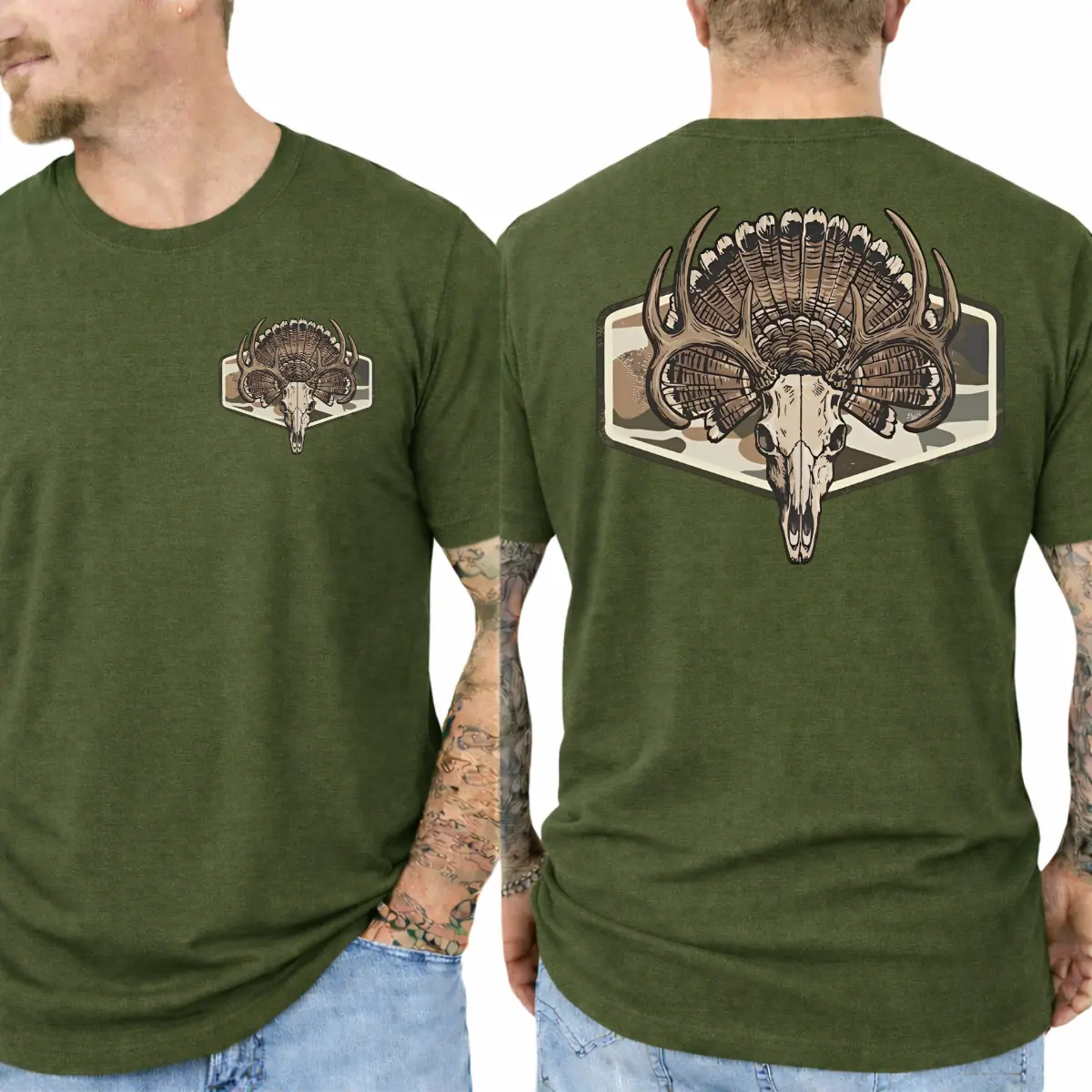 Turkey Hunting Shirt - Front And Back Print With Wild Turkey Fan, Deer Skull Antlers And Camouflage Badge Graphic, Vintage Outdoor Hunting T-Shirt For Men, Fall Hunting Season Outfit, Country Wildlife Tee, Gift For Turkey Hunters And Outdoorsmen Top Sport