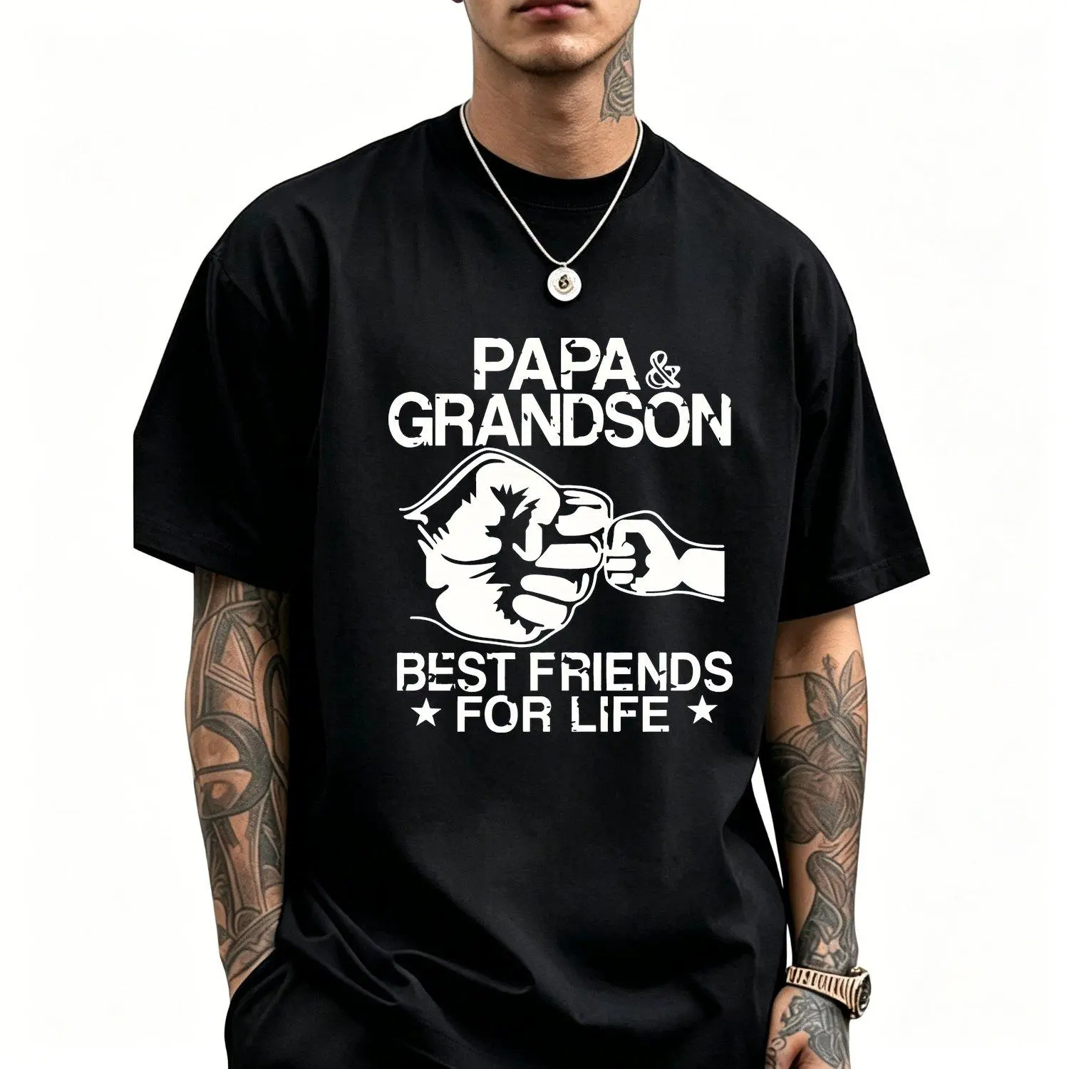 Men's Short Sleeve Round Neck Casual Summer Sports T Shirt with "PaPa & Grandson Best Friends for Life" Print Suitable for Casual Attire and Parent Bonding Gift Machine Washable