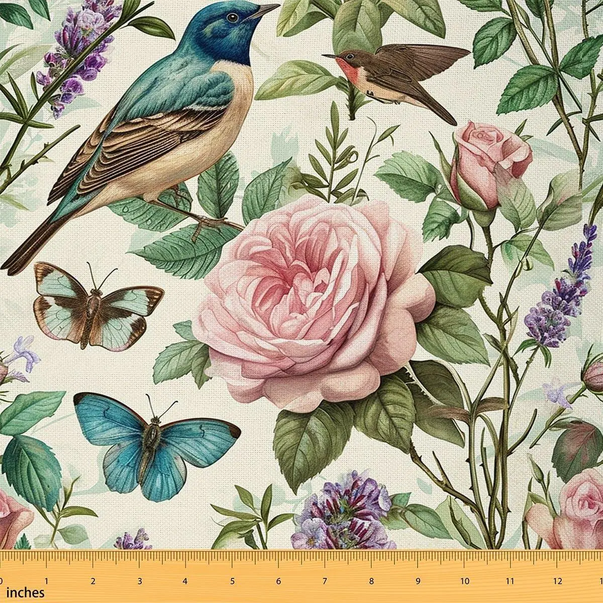 Rustic Flowers Fabric Birds Butterfly DIY Art Fabric,Wild Flowers Leaves Botanical Plants Decorative Fabric,Farmhouse Style Soft Flannel Polyester Fabric