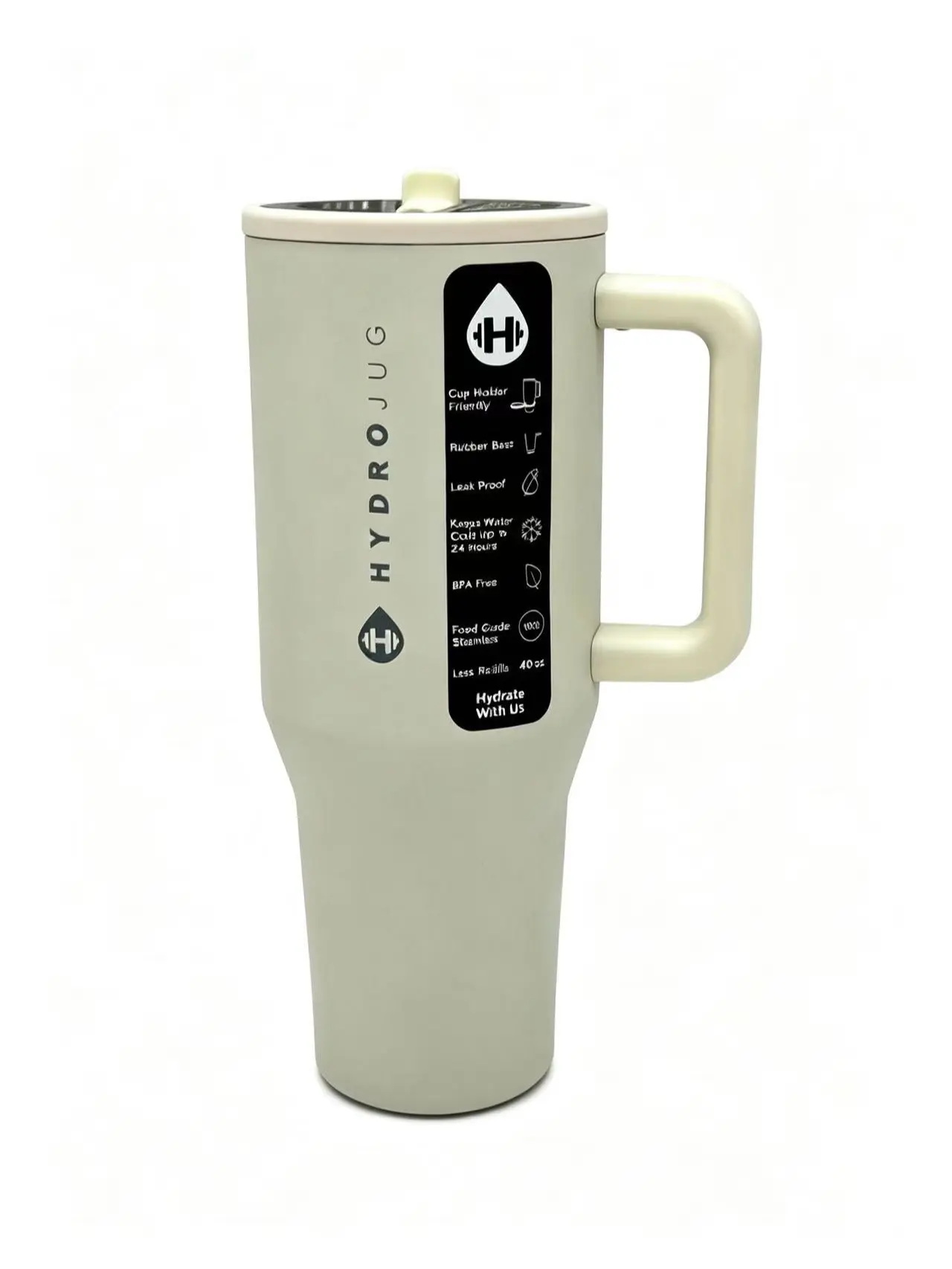 HydroJug 40oz Neutral Sage Cream Matte Tumbler, Ergonomic Matching Handle, Double Wall Insulated Stainless Steel Cup, Flip Straw Lid, Sweat-Proof BPA-Free Minimalist Vacuum Flask for Summer Use