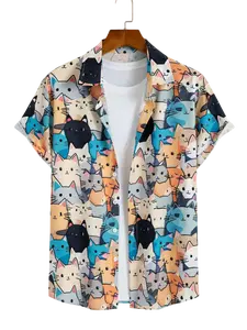Vintage Harajuku Cat Hawaiian Shirt Menswear, Classic Collared Button Shortsleeve Aloha Top, Casual Tropical Polyester Streetwear Smooth Fabric