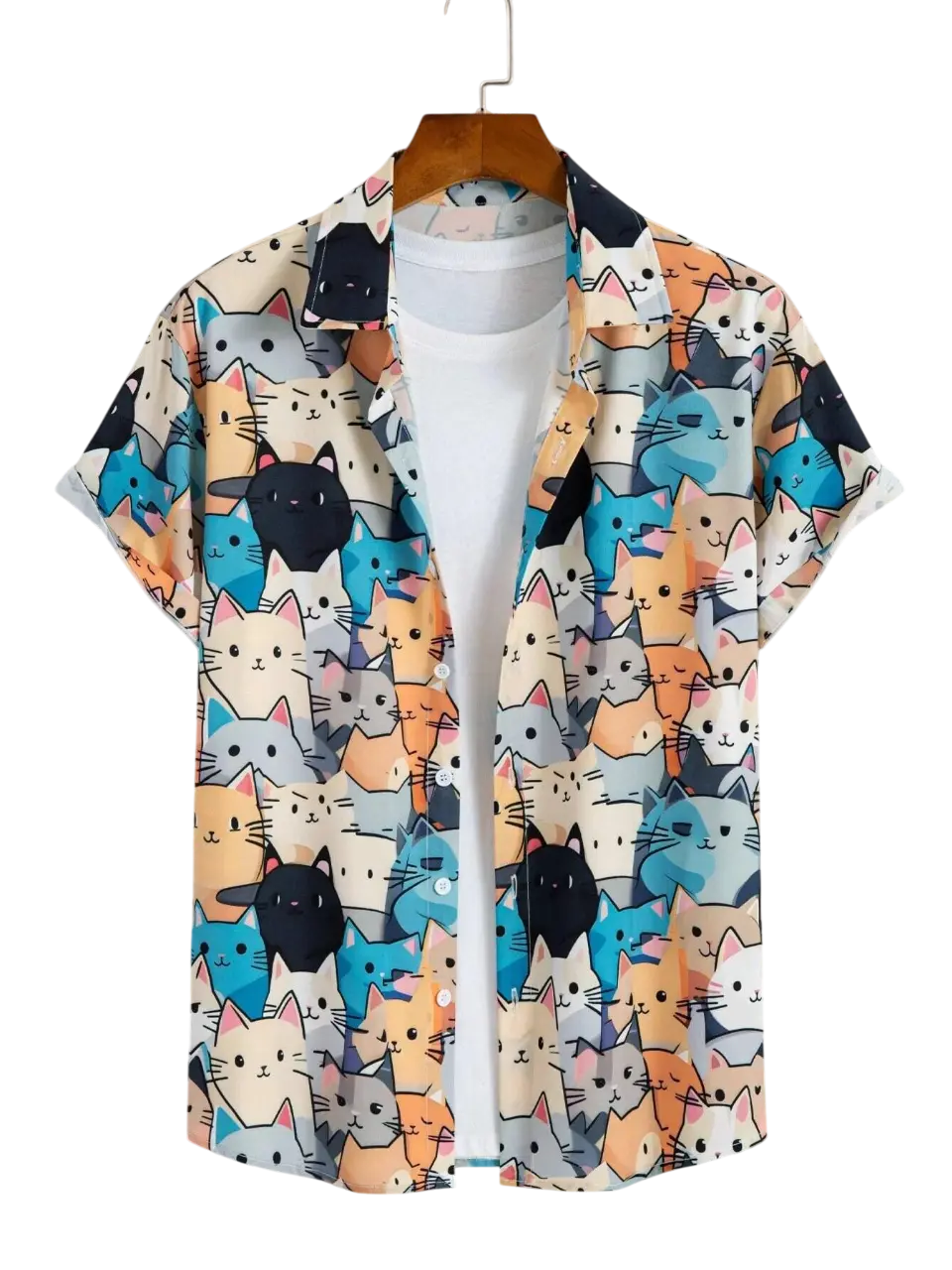 Vintage Harajuku Cat Hawaiian Shirt Menswear, Classic Collared Button Shortsleeve Aloha Top, Casual Tropical Polyester Streetwear Smooth Fabric