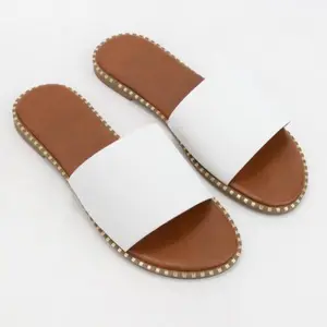 White and Brown Leather Slippers with Gold Studs - Comfortable and Stylish Footwear for Everyday Wear