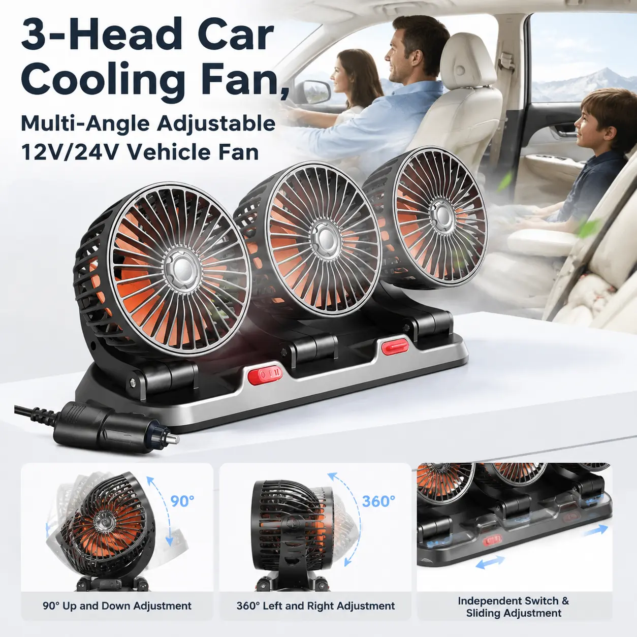 3-Head Automotive Cooling Fan, 360° Adjustable, 2-Speed Silent PP Fan with USB/12V/24V Compatibility for Cars, Trucks, Cranes, Home & Desk Use (Car Charger Compatible)