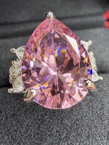 925 Sterling Silver Pink Pear Cut Statement Ring 19x14mm Adjustable Size Crystal Accent