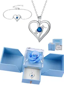Heart Pendant Fashion Jewelry Set, Blue Birthstone Necklace & Bracelet, Eternal Flower Rose Box, Ideal Gift for Wife Mom Birthday Festival Anniversary Love