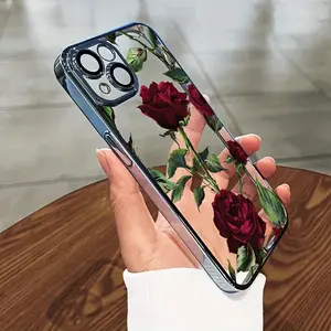 Red rose print pattern mobile phone case for iPhone 16 15 14 13 pro max plus transparent cases electroplating design soft casing shockproof creative design cover
