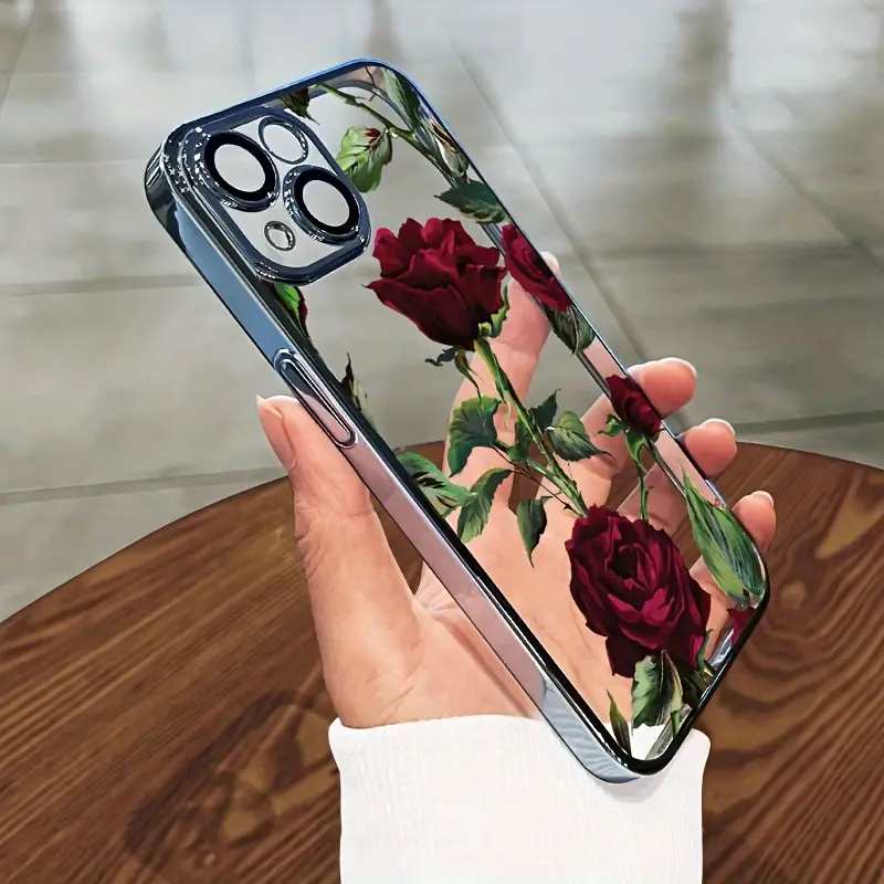 Transparent Electroplated Red Rose Print TPU Protective Case for iPhone 17,16,15,14,13,12,11 Pro Max Plus - Shockproof Soft Customized Smartphone Cover, Creative Tech Accessory