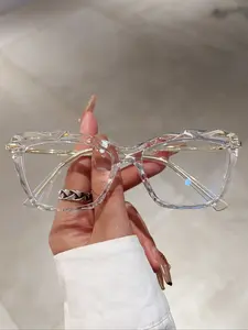 Women's Full Frame Stylish Fashion Glasses, Trendy Cat Eye Design, Semi-Transparent Metal Temple, Classic Border, Crystal Style, Daily Use, Fashion Frame Eyeglasses