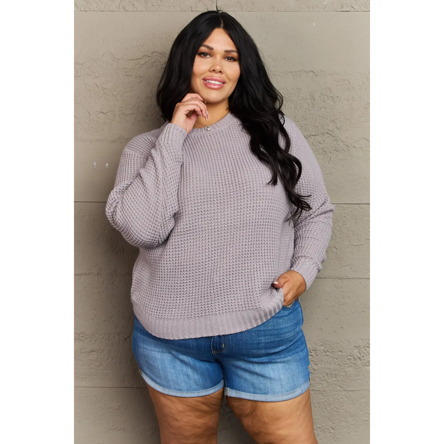 Zenana Breezy Days Plus Size High Low Waffle Knit Sweater