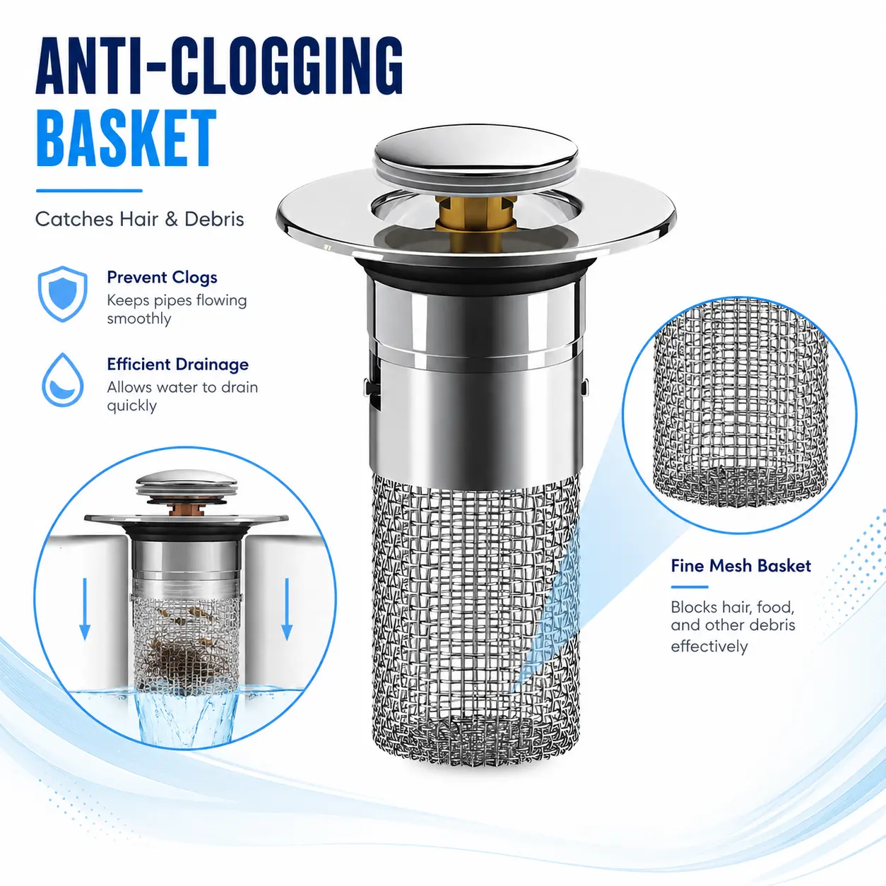 Modern Pop-Up Bathroom Sink Drain Strainer Plug Set with Removable Filter, 2PCS Brass Core Plug, 1.06-1.26in Adjustable US Standard, Anti-Odor, Anti-Clogging, Easy Install/Clean, Drain Protection, Universal for Bathtub/Shower (Box Included)