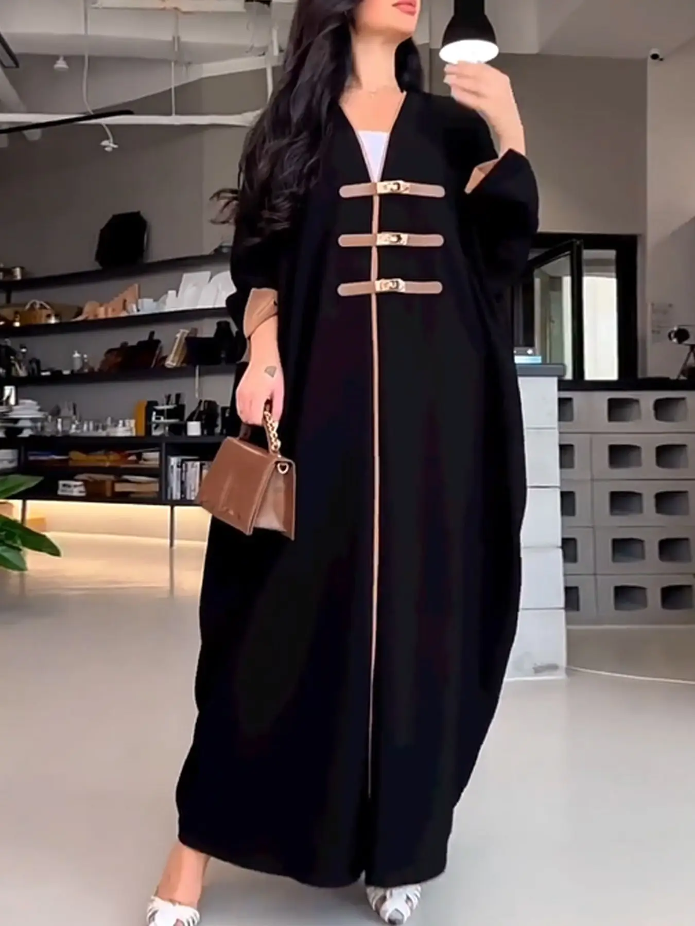 Women's Middle Eastern Muslim Open Abaya Long Robe, Elegant Loose-Fit Woven Fabric, All Seasons Wearable, Stylish Islamic Clothing