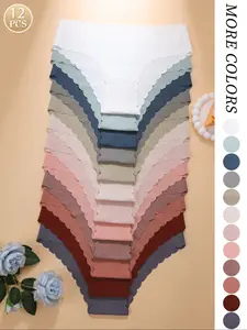 Women's Breathable Underwear Set, High Waisted Briefs, Plain Wave Edge Design, Fitted Comfortable Fit, All Season Casual Wear, 12-Pack