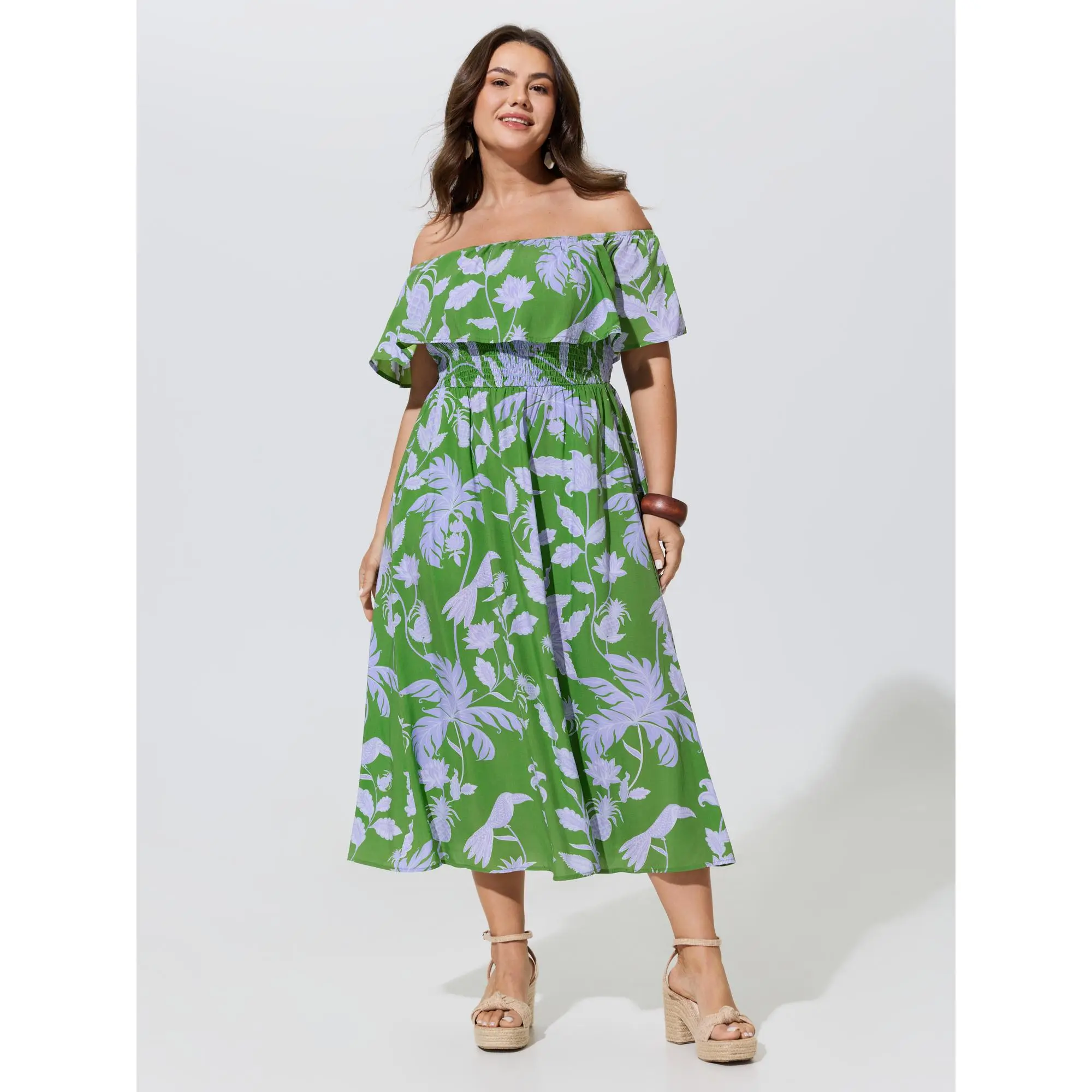 BloomChic Plus Size Floral Shirred Midi Dress, Resort Style Cold Shoulder with Flutter Sleeve in Smooth Rayon, Easy Fit with Pocket, Garment, Casual, Short Sleeve, 100% Rayon, Tunic Length, Pull-On, Off-Shoulder, Shirred Detail