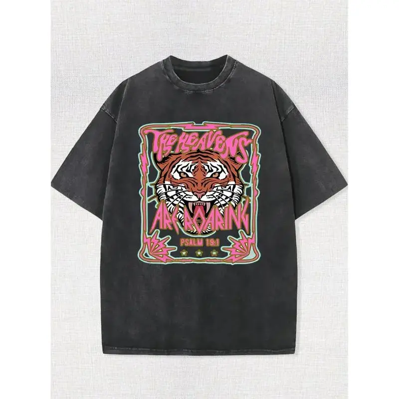 Men's & Women's Washed Vintage Roaring Tiger Graphic T-Shirt - Retro Oversized Streetwear Tee Featuring "THE HEAVENS ARE ROARING" & "PSALM 19:1" Biblical Quote Print, Super Soft Distressed Look Cotton Blend Fabric, Casual Crew Nec