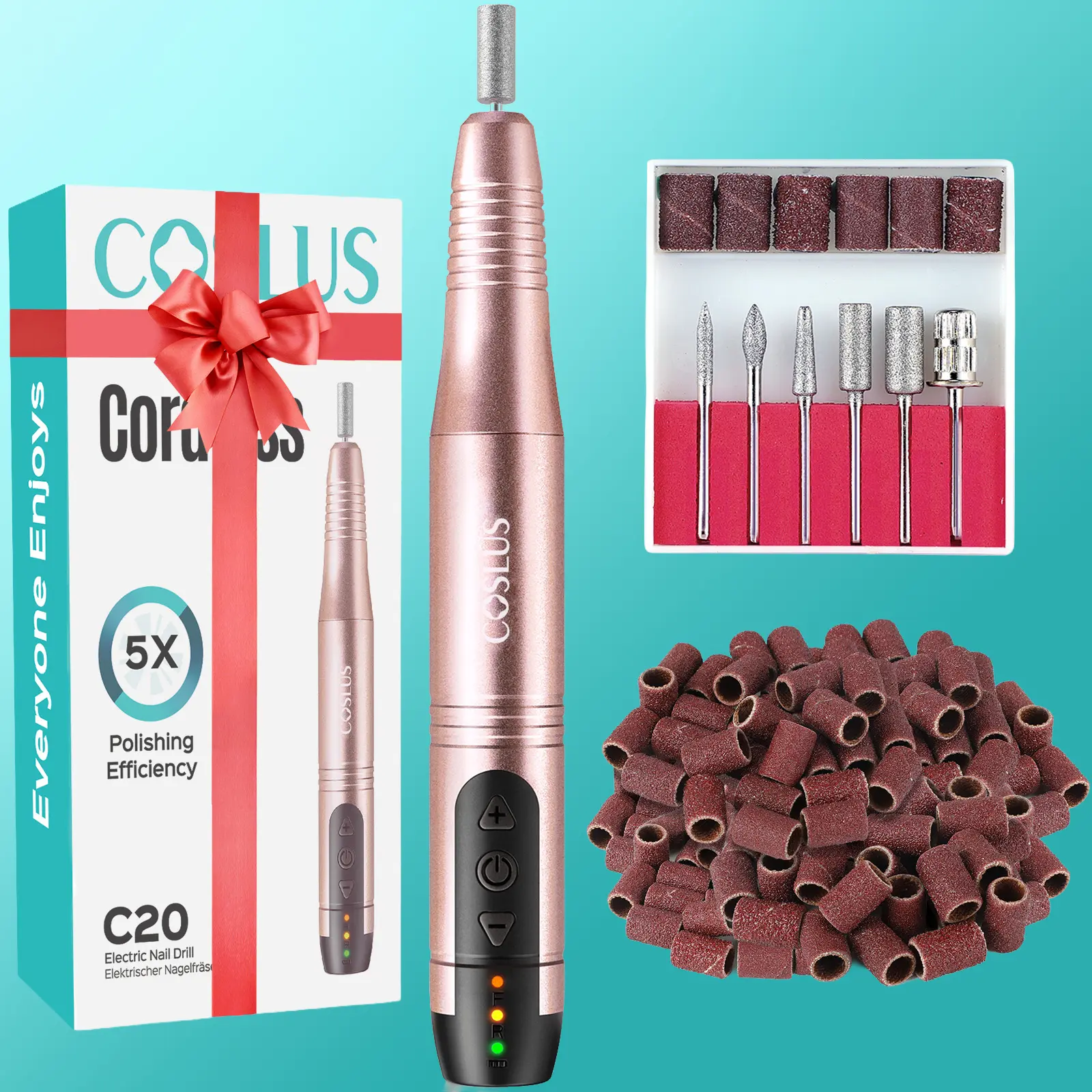 COSLUS C20 Lightweight Cordless nail drill l Kit,Pro Electric Nail File - Wireless, Rechargeable, 6-Hour Battery, Low Noise & Heat. Perfect for Gel & Powder Nails. All Accessories Included for Home & Salon DIY Manicure/Pedicure. naildrill /diymanicure