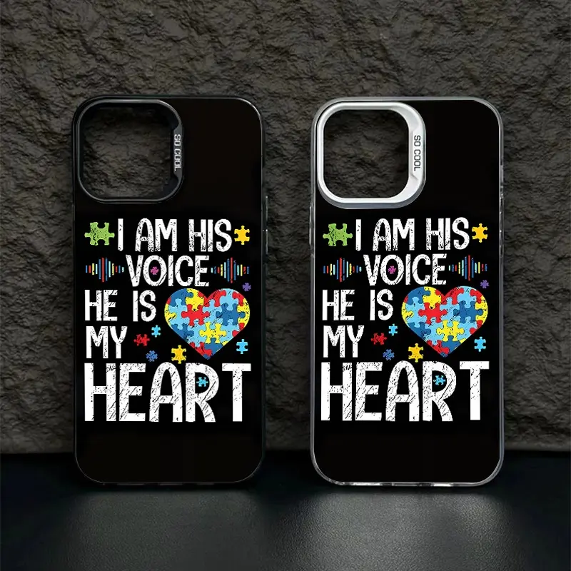 Durable Autism Awareness Customized Protective Smartphone Case - I Am His Voice He Is My Heart Puzzle Design Casing, iPhone 11-17 Pro Max Plus Air Cover & Protector, Handheld Accessory for Autism Moms