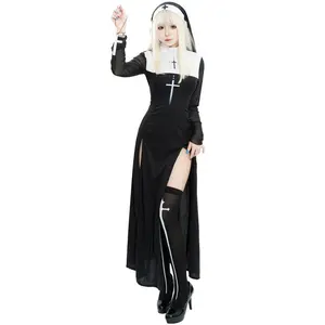 Maria nun costume cosplay halloween nun cos costume cross Skeleton Onesie Set Halloween Pajama Set with Lettuce Trim Short Sleeve Compression Turtleneck Shirt Hollowed-Out Women's Fishing Grid Set athletic style activewear