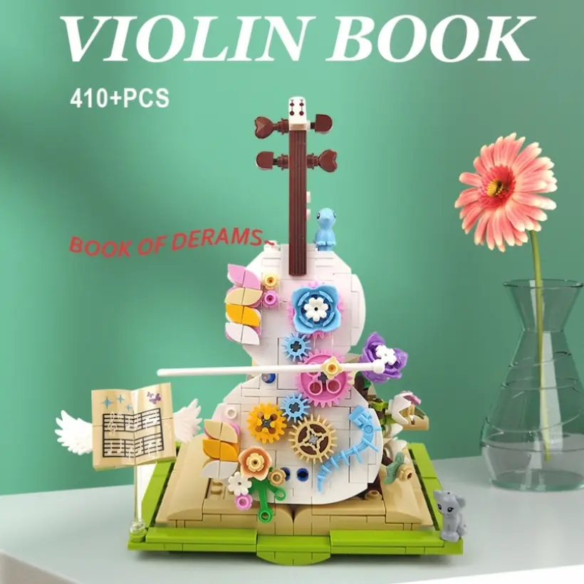 Fantasy Mini Violin Building Blocks Gear Rotating Toy Set Creative Musical Instrument Model & 602 PCS Violet Potted Plant with Dust-Proof Cover Gift for Birthday Gift perfect christmas