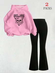 Women's Fall Winter New Triangle Skull Pattern Warm Hoodie + Slim Fit Comfortable Bell Bottom Pants Set, Casual Style, Kangaroo Pocket