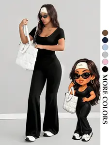 Women's Multicolor Square Neck Bell Bottom One-Piece Pants, Casual Sporty Style, Fitted Slim Fit, High Elasticity, Daily Wear, Light Sports, Commute, Sporty Jumpsuit