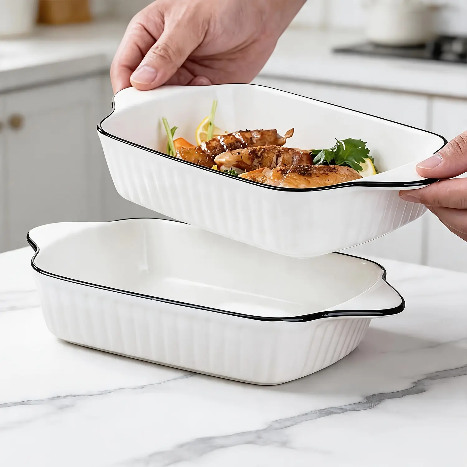 Oven ceramic pan, set of 4 (10.5 in), large lagmar pan with handle, deep pan, white