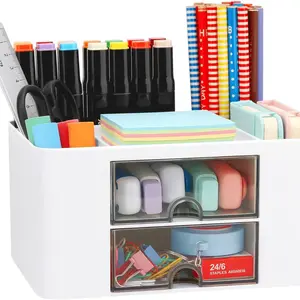 Desk Organizer with 2 Drawers – White Plastic Desktop Storage Box for Pens, Pencils, Cards & Office Supplies for Home, School & Office