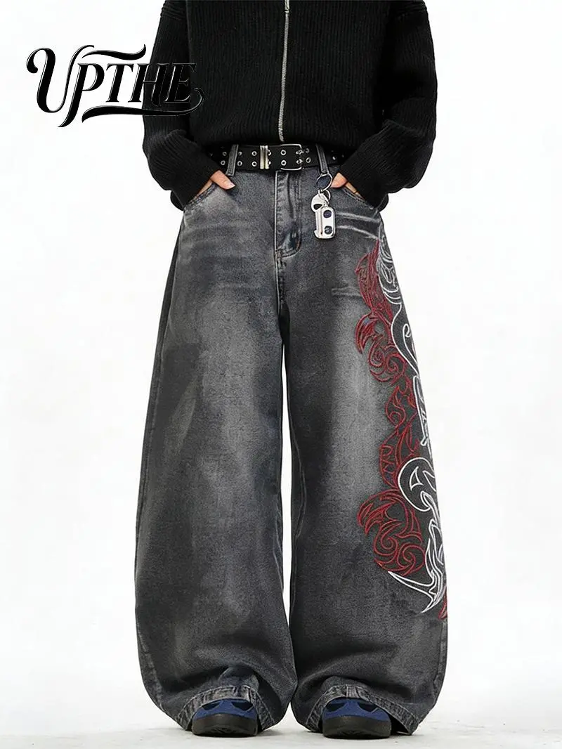 UP.THE Men's Loose-Fit Wide Leg Jeans - Y2K Embroidered Totem Fabric Streetwear for Skateboarders, Menswear Everyday Wear, Oversized Plain T-Shirt Compatible Bottoms
