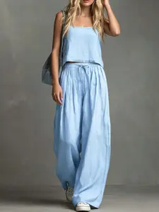 Summer Loose Fit Light Blue Breathable Linen Two-Piece Set, Square Neck Sleeveless Cami + High Waist Tie Wide Leg Pants, Casual Y2K, Womenswear