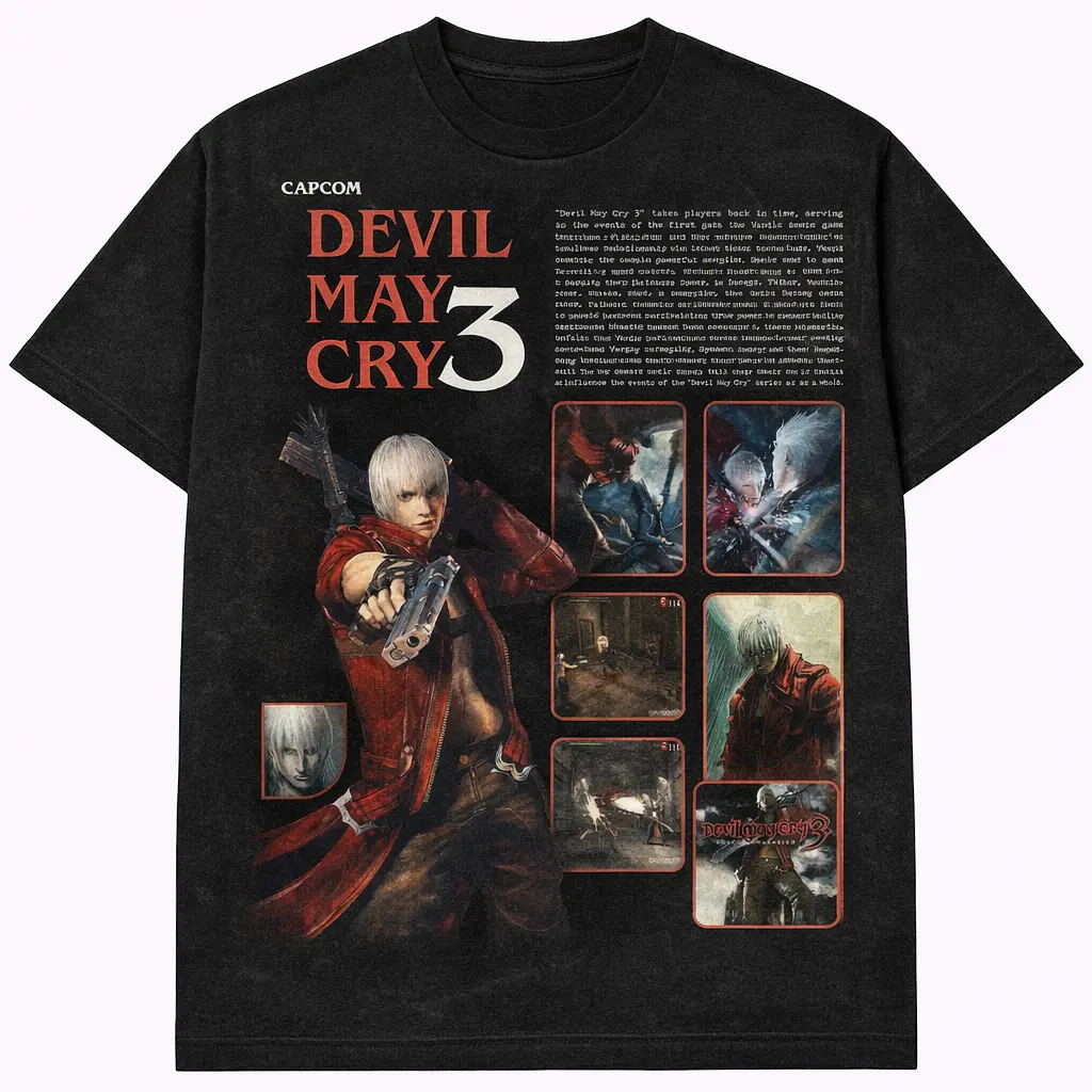 Devil May Cry 3 T-shirt, Dante Graphic Tee, Vintage Style Gaming Shirt, RPD Devil May Cry, Action Video Game Shirt, Dark Red and Black, 2000s Gamer Apparel, Unique Devil May Cry 3 Fan Shirt, Capcom Official Merchandise