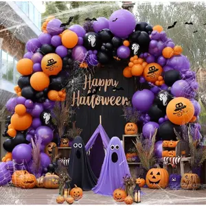 Halloween Balloon Arch Garland Kit with Ghost Bat Balloons, Double Stuffed Black Purple Orange Balloons for Halloween Boo Spooky Wicked Skull Wednesday Nightmare Scary Party Decorations