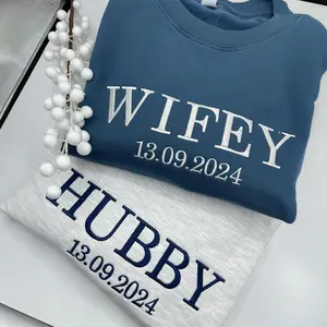 Custom Wifey and Hubby Embroidered Sweatshirt, Matching Couples Crewneck, Mrs and Mrs Sweatshirt, Girlfriend Gift, Unisex Wedding Gift Crewneck