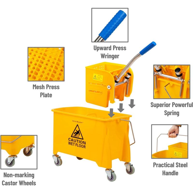 Mind Reader Bucket with Wringer and Mop Set, 22 Qt (5.5 Gallon), Floor Cleaning, Wheels, 16.25" L x 10.75" W x 24.5" H, Yellow