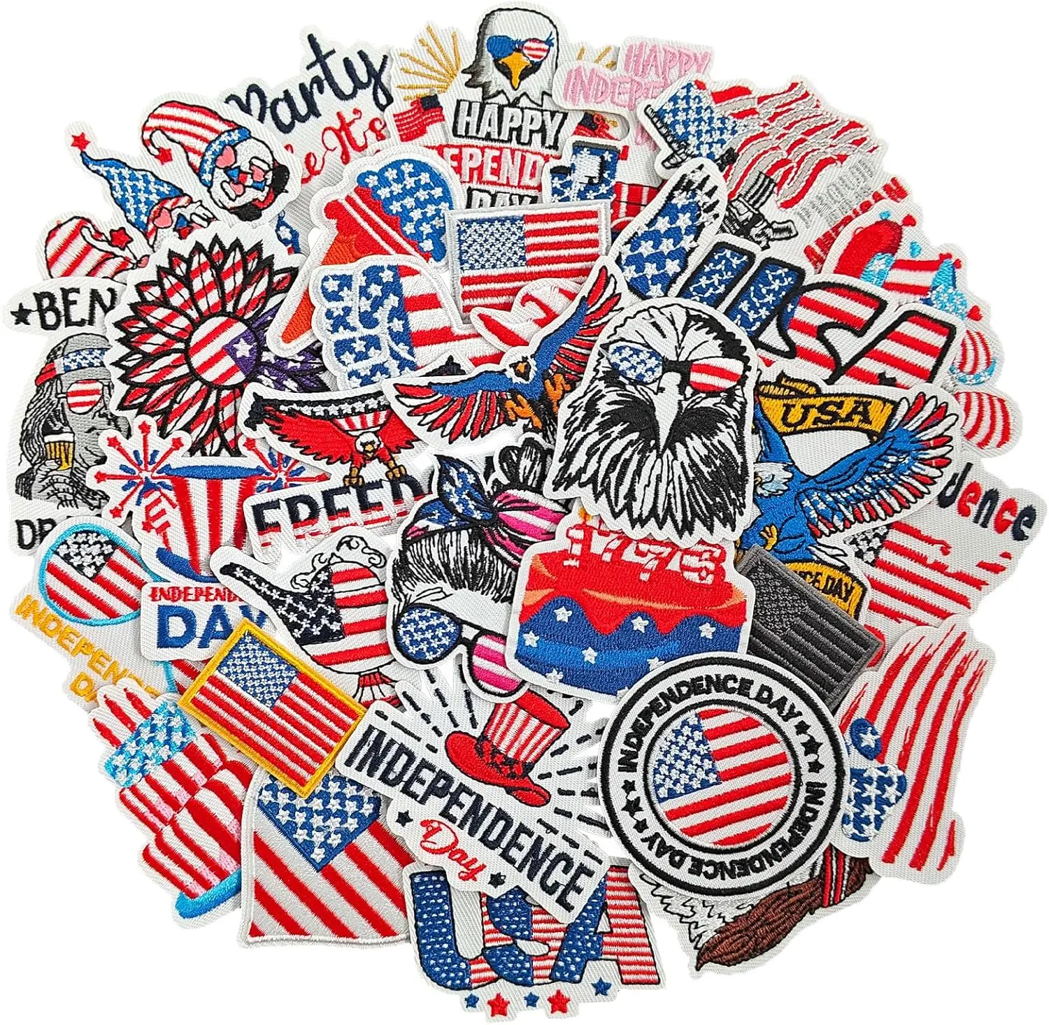 32 Pcs 4th of July Iron on Patches, Embroidered Patriotic Patch, American Flag Elemental Iron on/Sew on Patches for Clothes, Hats, Jeans, Dress, Backpacks, Machine Washable