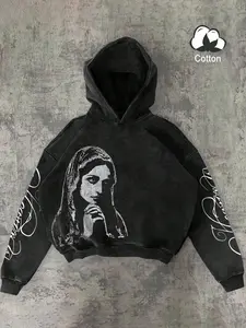 Trendy Religious Theme Cotton Hoodie, Sweatshirts, Soft Comfortable Breathable Fabric, Virgin Mary Print, Sleeve Details, Unisex Fashion for All Seasons