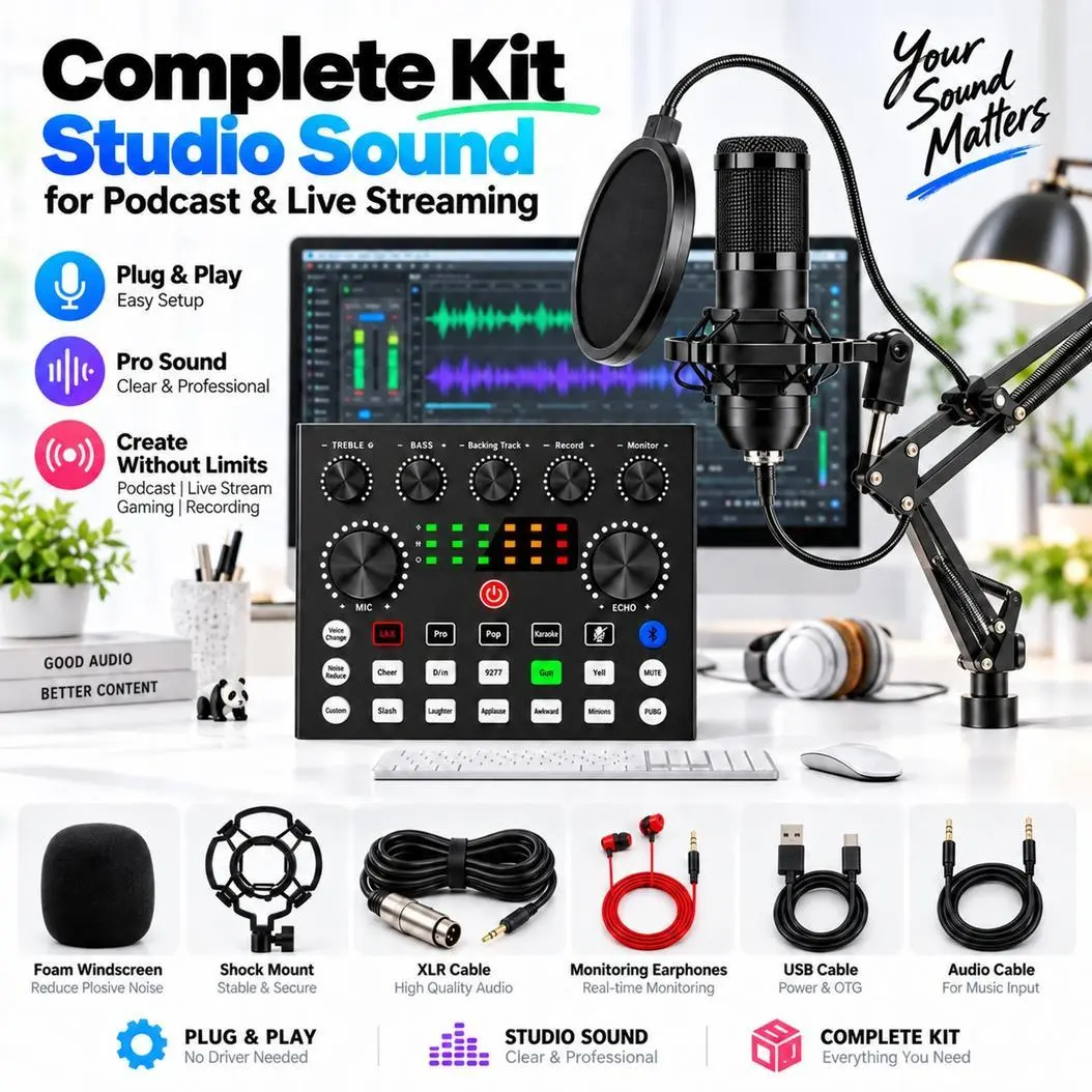 BM800 Black Condenser Microphone Kit, with V8S Audio Interface, Pop Filter, Shock Mount and Boom Arm, for TikTok Live, YouTube, Twitch, Podcasting, Gaming and Singing