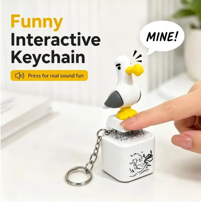 1pcs Seagull MINE! Sunshine Vibes Bag Charm Keychain,Button Keychain with Real Sound Effect and LED Light,Clear Finger Keyboard Stress Reliever